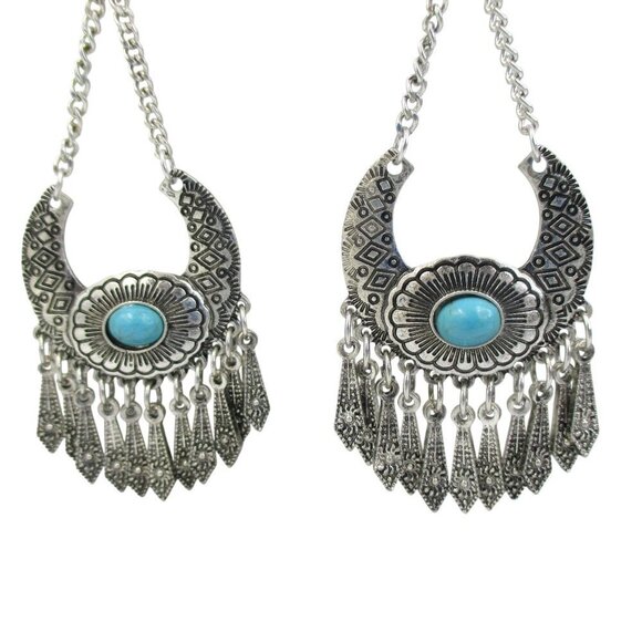 nOir Jewelry Ethnic Tassled Drop Silver Turquoise Boho Earrings NWT - Picture 2 of 4